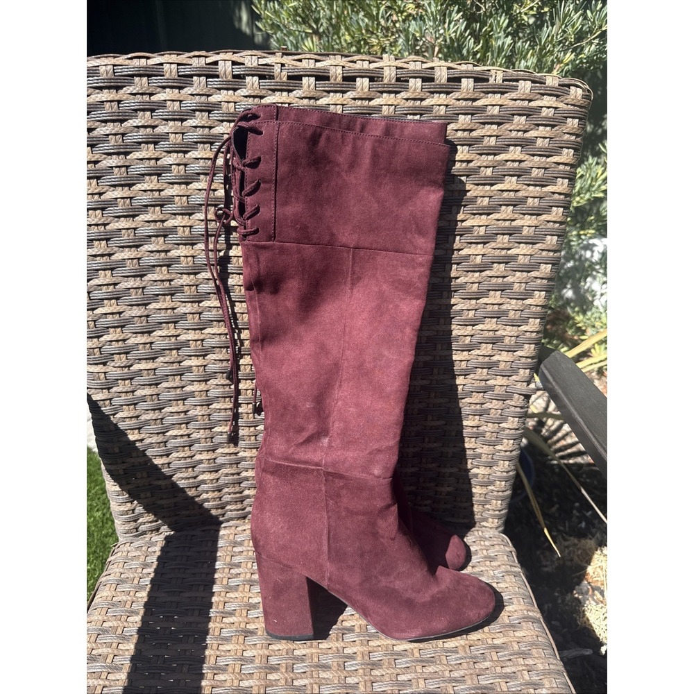 Kenneth Cole Reaction Corie Lace Boots Women's 8 Burgundy Suede Knee High Heels